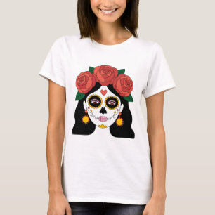Day of the Dead Woman Sugar Skull with Red Roses T-Shirt