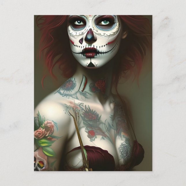 Day of the Dead Woman With Tattoos Postcard (Front)