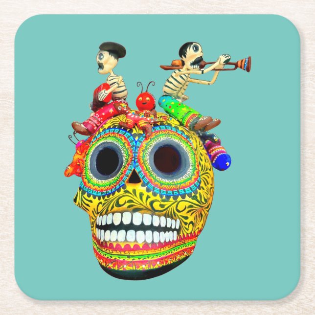 Day of the Dead Yellow Calavera with Musicians Square Paper Coaster (Front)