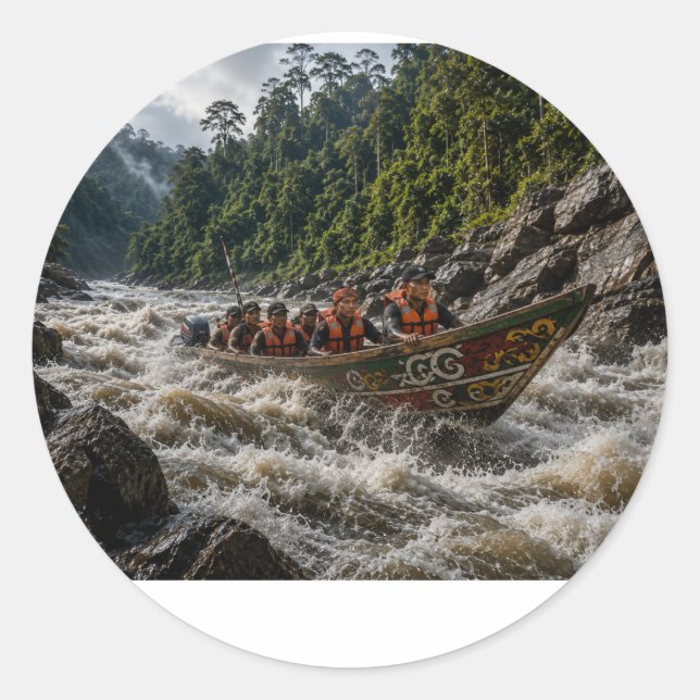DAYAK LONGBOAT ADVENTURE ON WILD BORNEO RAPIDS CLASSIC ROUND STICKER (Front)