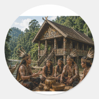 DAYAK TRIBAL GATHERING AT TRADITIONAL BORNEO LONGH CLASSIC ROUND STICKER