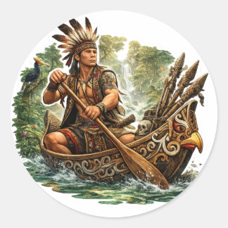 DAYAK WARRIOR IN TRIBAL BORNEO CANOE CLASSIC ROUND STICKER