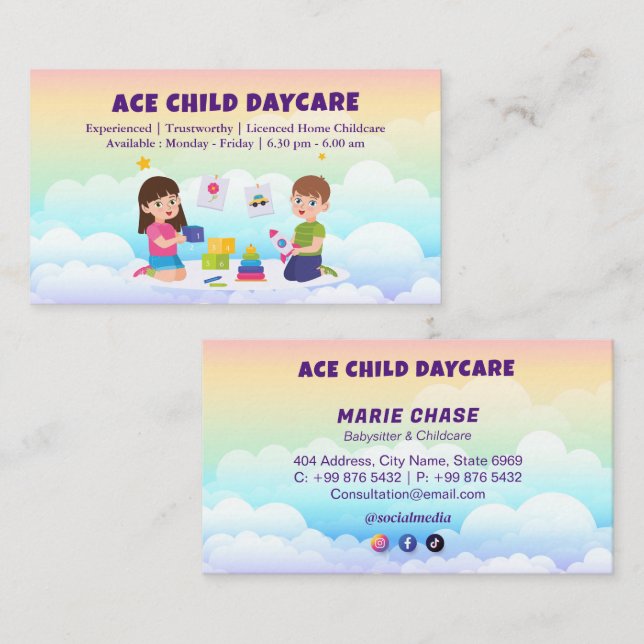 Daycare Professional Business | Rainbow cloudy Business Card (Front/Back)