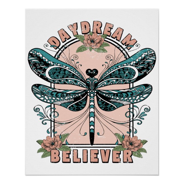 Daydream - Cute Dragonfly - Pretty Floral  Poster (Front)