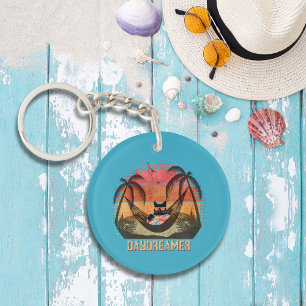 Daydreaming Cool Cat's Tropical Escape Round Key Ring