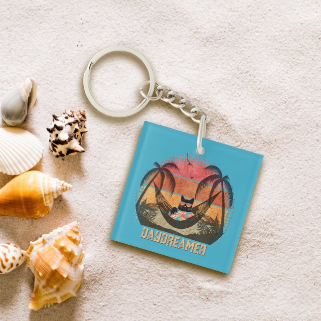 Daydreaming Cool Cat's Tropical Escape Square Key Ring (A Daydreaming Cool Cat's Tropical Escape Square Keychain on the beach.)