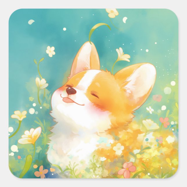 Daydreaming Corgi Surrounded by Flowers Square Sticker (Front)
