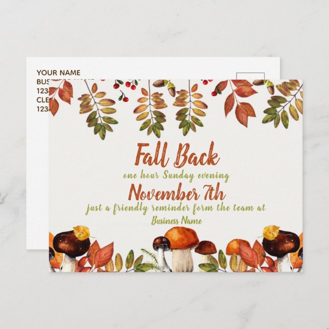Daylight Savings Fall Back Reminder Business Postcard (Front/Back)