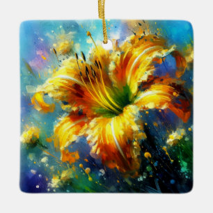 Daylily Floral Impressionistic Painting Yellow  Ceramic Ornament
