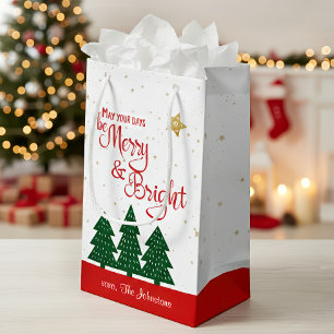 Days Be Merry Bright Red Script Gold Stars Trees  Small Gift Bag