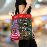 Days Be Merry Bright Rustic Christmas Snowman Name Tote Bag<br><div class="desc">“May your days be merry & bright.” A white script typography quote and a close-up photo of a happy and cute, rustic log snowman, wrapped in a red and white striped scarf against lighted trees help you usher in Christmas and New Year. Feel the warmth and joy of the holiday...</div>