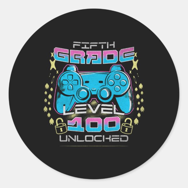 Days Of School 5th Grade Level Unlocked Video Game Classic Round Sticker (Front)