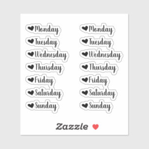 Days of the Week Black Heart Planner Stickers