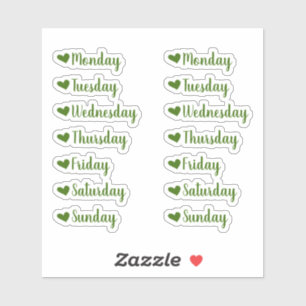 Days of the Week Green Heart Planner Stickers
