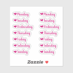 Days of the Week Pink Heart Planner Stickers