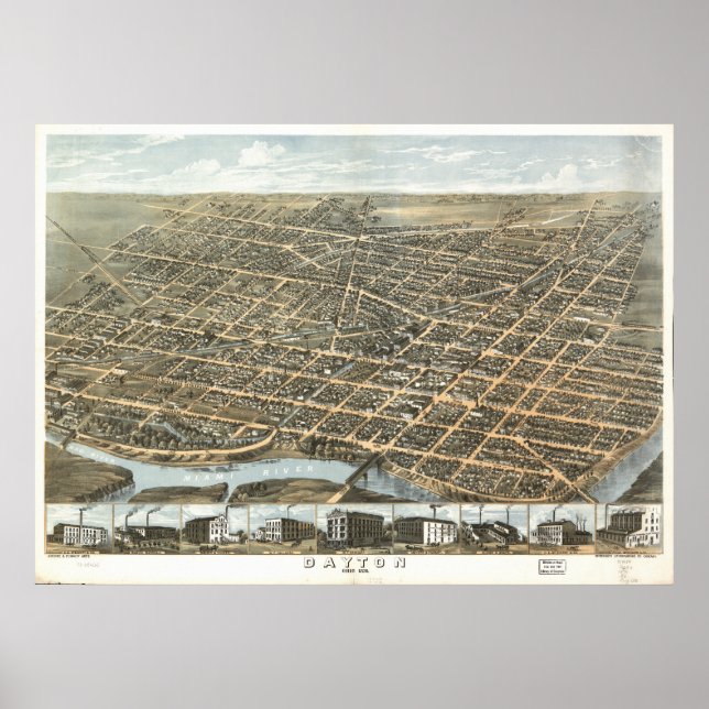 Dayton Ohio 1870 Antique Panoramic Map Poster (Front)