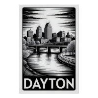 Dayton Ohio Skyline Black White Woodcut