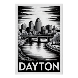 Dayton Ohio Skyline Black White Woodcut Poster