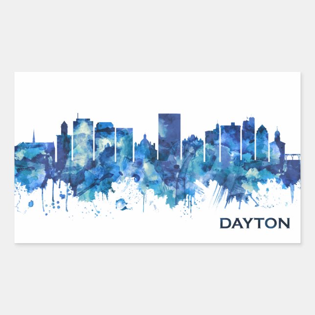 Dayton Ohio Skyline Blue Rectangular Sticker (Front)