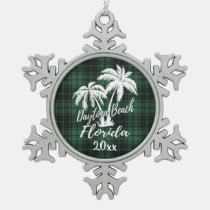 Daytona Beach Florida Palm Green Plaid Snowflake Pewter Christmas Ornament