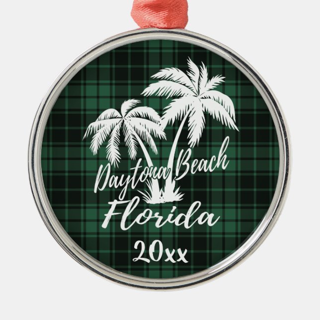 Daytona Beach Florida Palm Tree Green Plaid Metal Tree Decoration (Front)