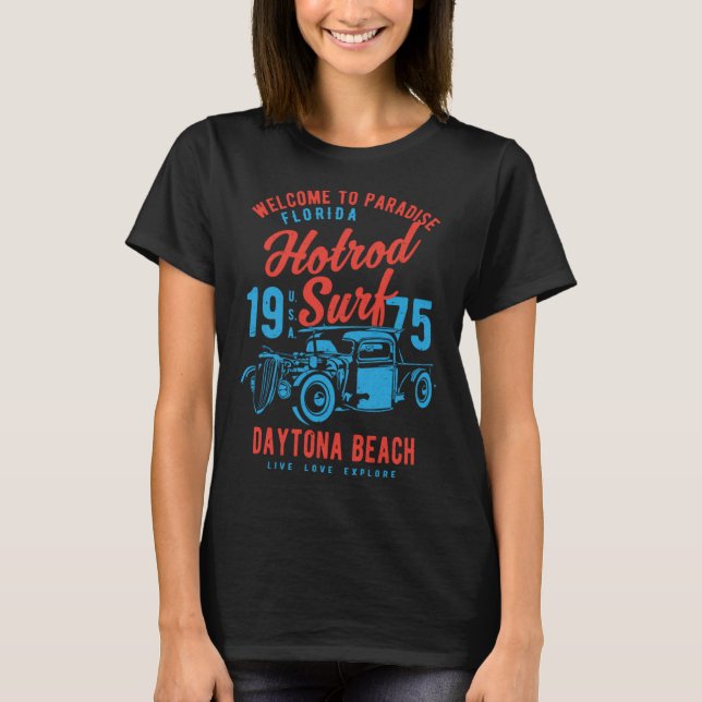Daytona Beach Florida Retro Hotrod Surf Distressed T-Shirt (Front)