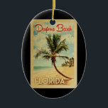 Daytona Beach Palm Tree Vintage Travel Ceramic Tree Decoration<br><div class="desc">A uniquely retro mid-century modern Daytona Beach Florida art print in vintage travel poster style. It features a curved palm tree on sandy beach with ocean under a blue cloudy sky.</div>