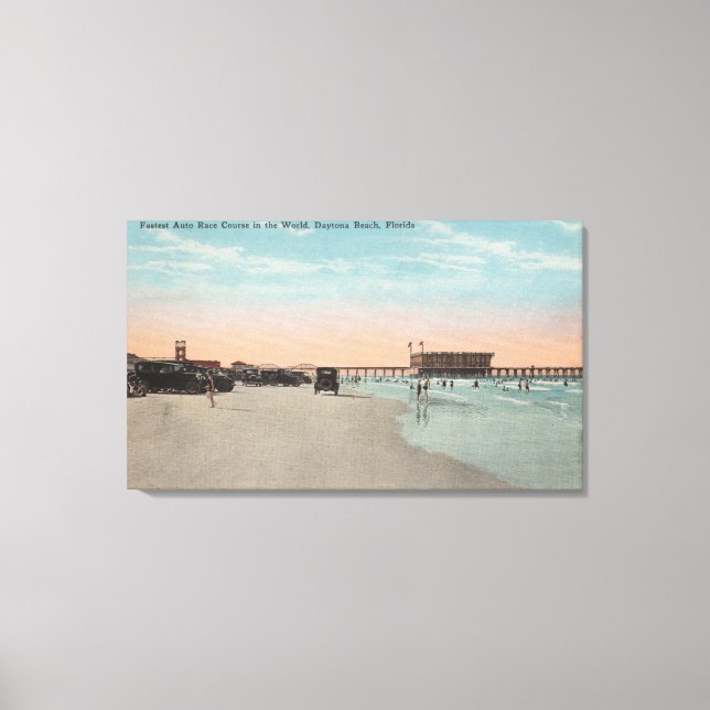 Daytona, FL - View of Beach with Cars & Canvas Print (Front)