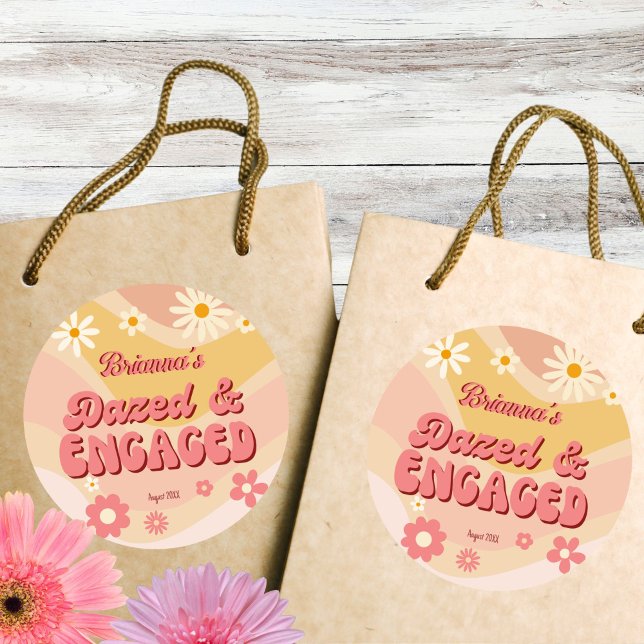 Dazed and engaged groovy retro daisy bachelorette classic round sticker (Dazed and engaged groovy retro daisy bachelorette party sticker template favor stickers)