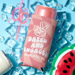 Dazed And Engaged Retro Chequerboard Bachelorette Seltzer Can Cooler