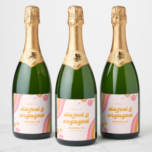 Dazed & Engaged Pink & Orange Sparkling Wine Label (Bottles)
