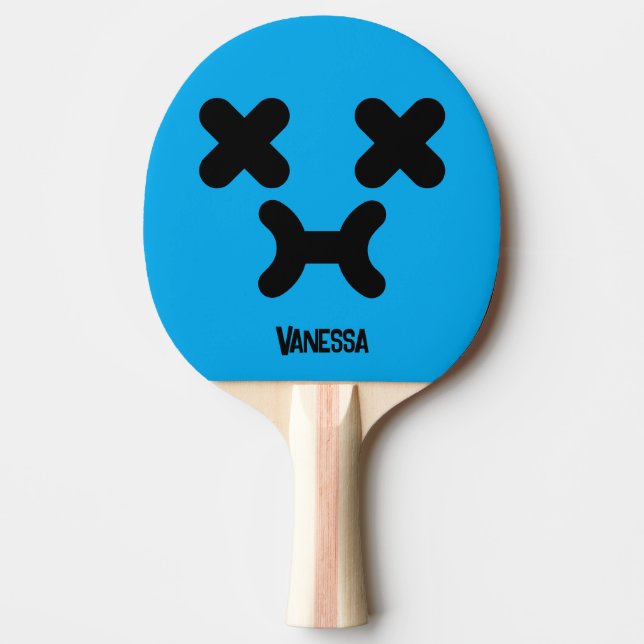 Dazed Pouty Face Blue with Name Ping Pong Paddle (Front)