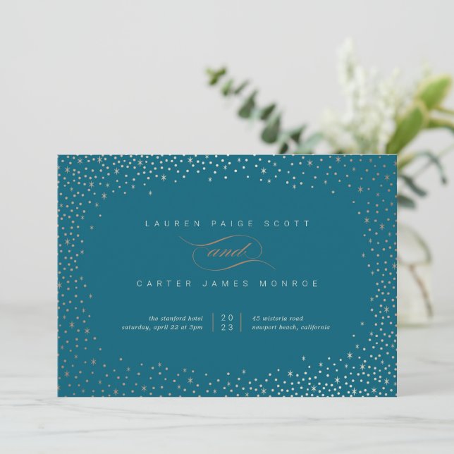 Dazzled Wedding Invitation - Teal and Rust Stars (Standing Front)