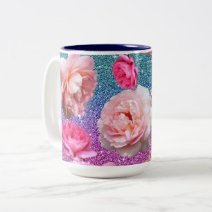 Dazzling Aqua Pink Glitter Floral Two Tone Mug