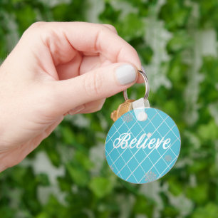 Dazzling Believe Light Blue and Silver Chequered  Key Ring