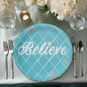 Dazzling Believe Light Blue and Silver Chequered  Paper Plate