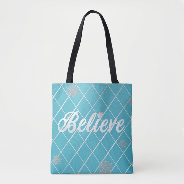 Dazzling Believe Light Blue and Silver Chequered  Tote Bag (Front)