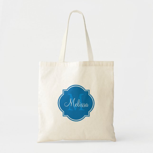 Dazzling Blue Custom Personalised Monogram Tote Bag (Front)