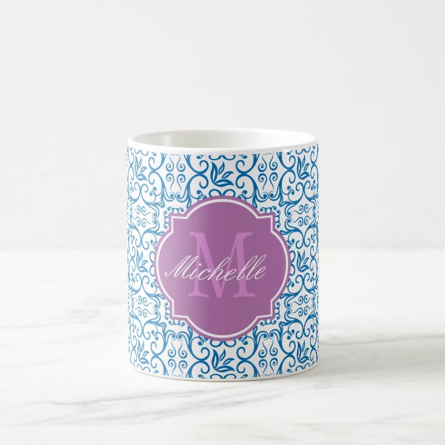Dazzling Blue Damask Monogram Mug (Center)