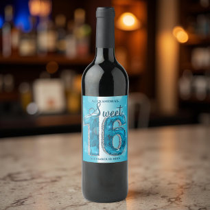 Dazzling Blue Gemstone Sweet 16 Celebration Wine Label