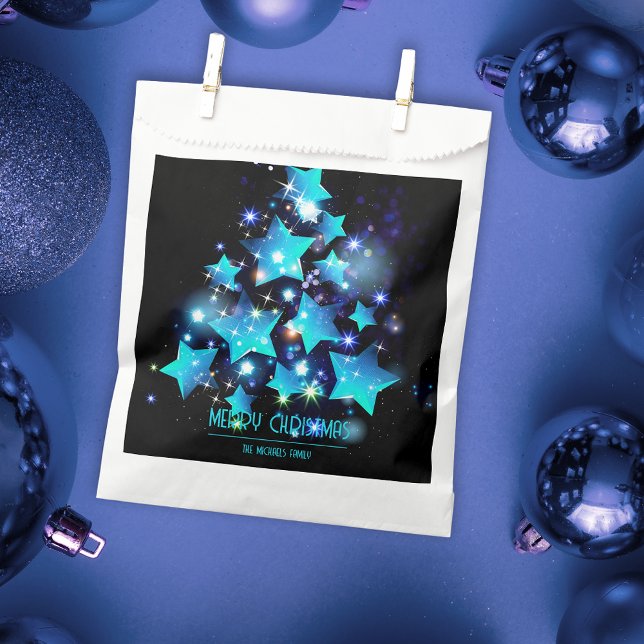 Dazzling Blue Stars on Black Christmas Tree Favour Bags (Creator Uploaded)