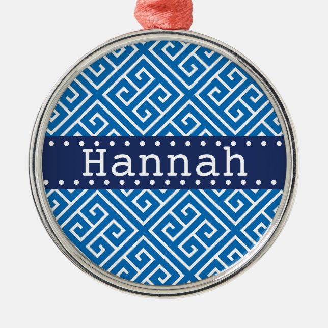 Dazzling Blue White Greek Key Pattern Blue Name Metal Tree Decoration (Front)
