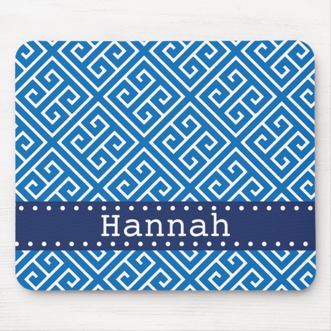 Dazzling Blue White Greek Key Pattern Blue Name Mouse Pad (Front)