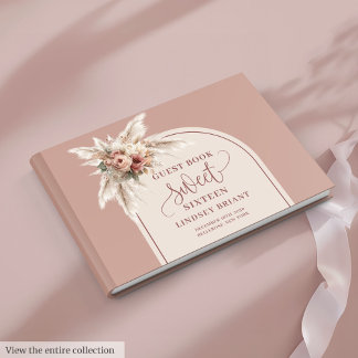 Dazzling Boho Dusty Rose Pampas Floral Arch 16th Guest Book
