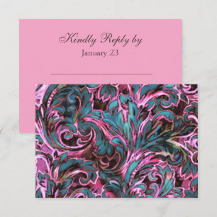Dazzling Damask Pink Teal Brown Reply Card