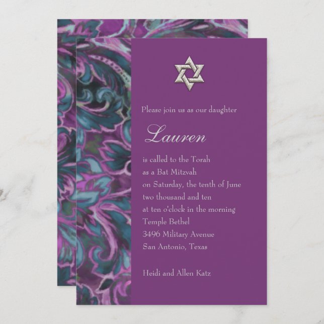 Dazzling Damask Purple and Teal Invitation (Front/Back)