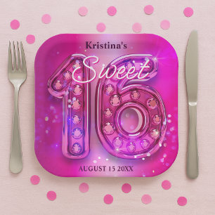 Dazzling Fuchsia Jeweled Sweet Sixteen Milestone Paper Plate