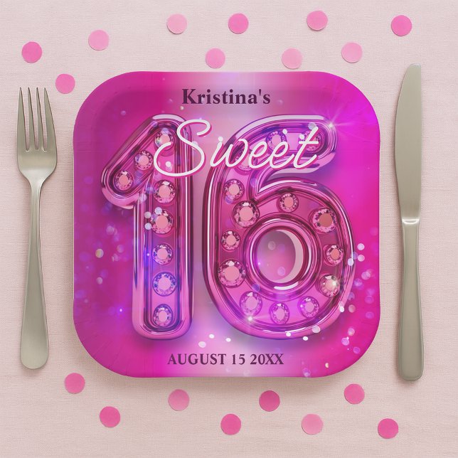 Dazzling Fuchsia Jewelled Sweet Sixteen Milestone Paper Plate (Creator Uploaded)