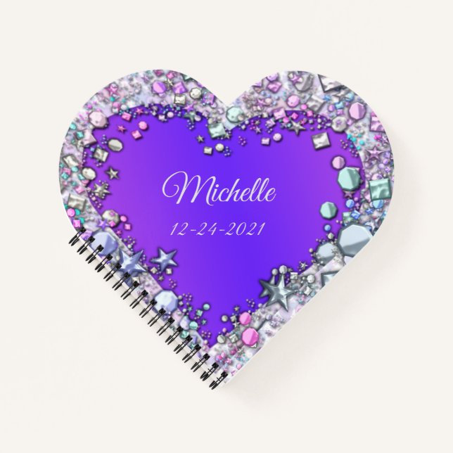 Dazzling Gems PERSONALIZED NAME Purple Heart Notebook (Front)