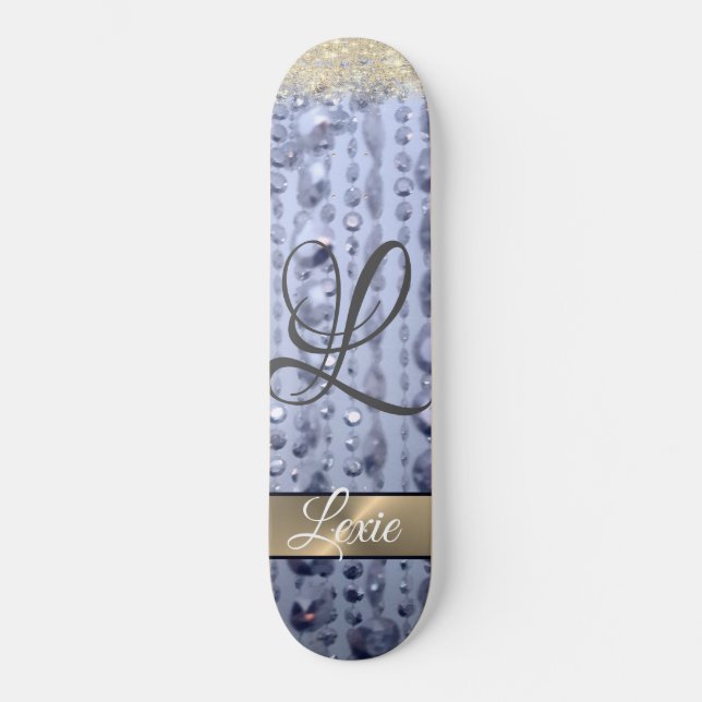 Dazzling Glittery Blue Beads Monogram   Skateboard (Front)